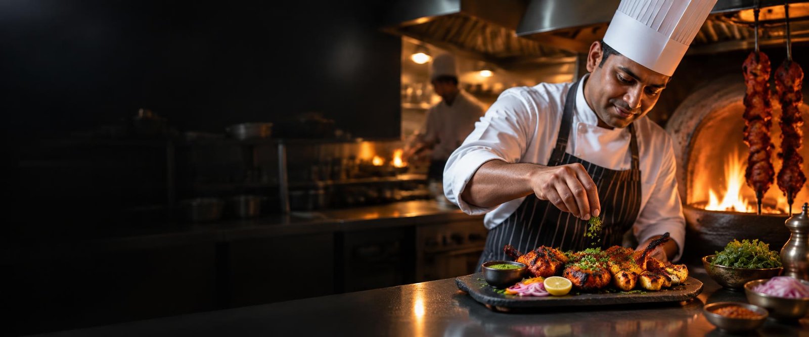 Chef preparing a tandoori platter in a professional kitchen