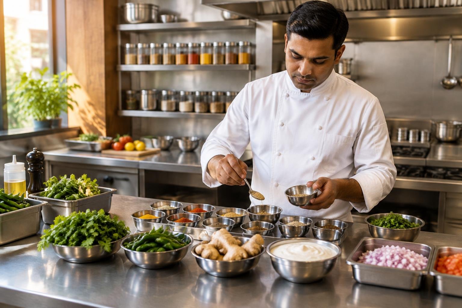 Professional chef measuring spices during mise en place