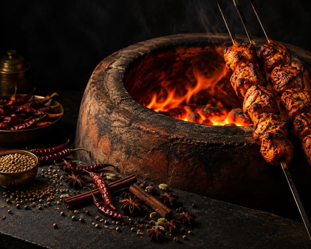 Clay tandoor oven glowing with embers beside skewers of marinated tikka and whole spices
